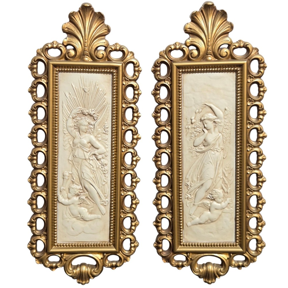 Set 2 Homco Wall Plaque Pair Gold MCM 1970 Angel Cherub Hollywood Regency 18x7